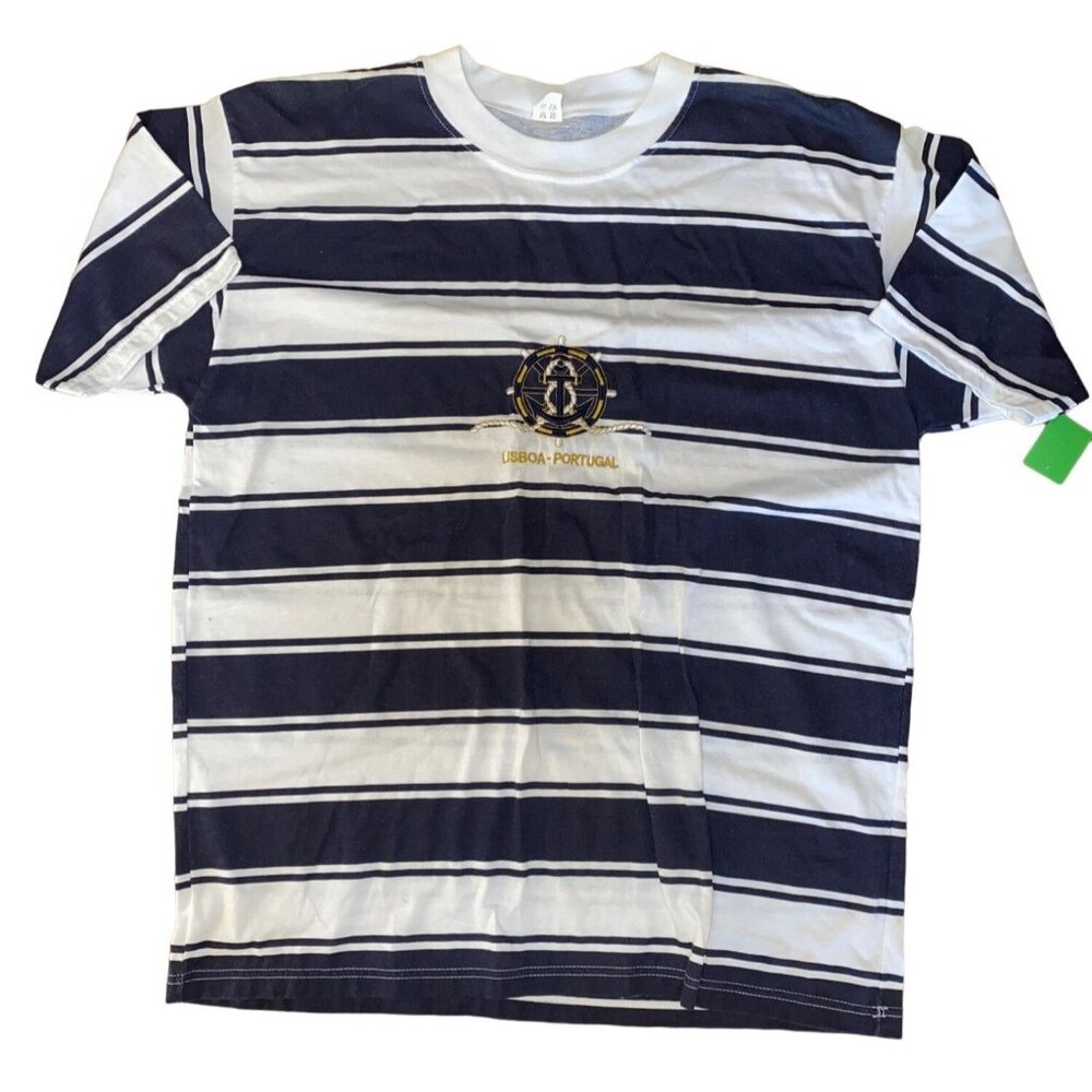Striped Navy & White Nautical T-Shirt Embroidered Lisboa Portugal XXL 100% Cotto